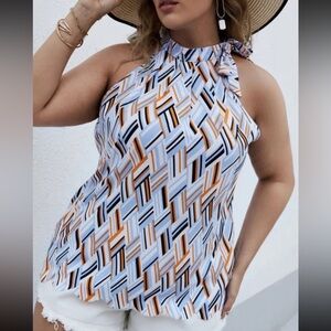 SHEIN Curve 1XL Plus Geo Print Scallop Hem Knot Halter Top Sleeveless Blouse